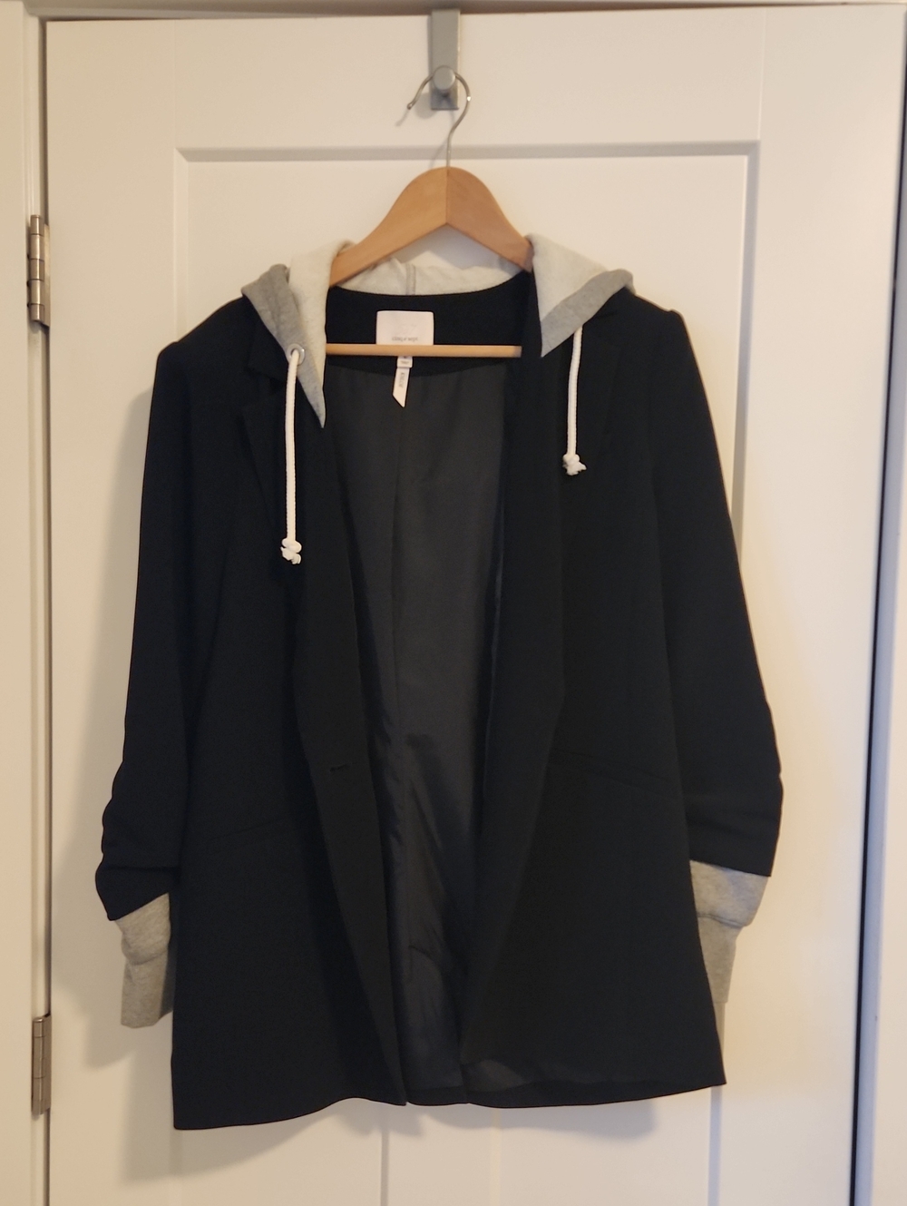 Cinq A Sept Khloe Black Blazer Jacket with Gray Hood and Cuffs Sz 10